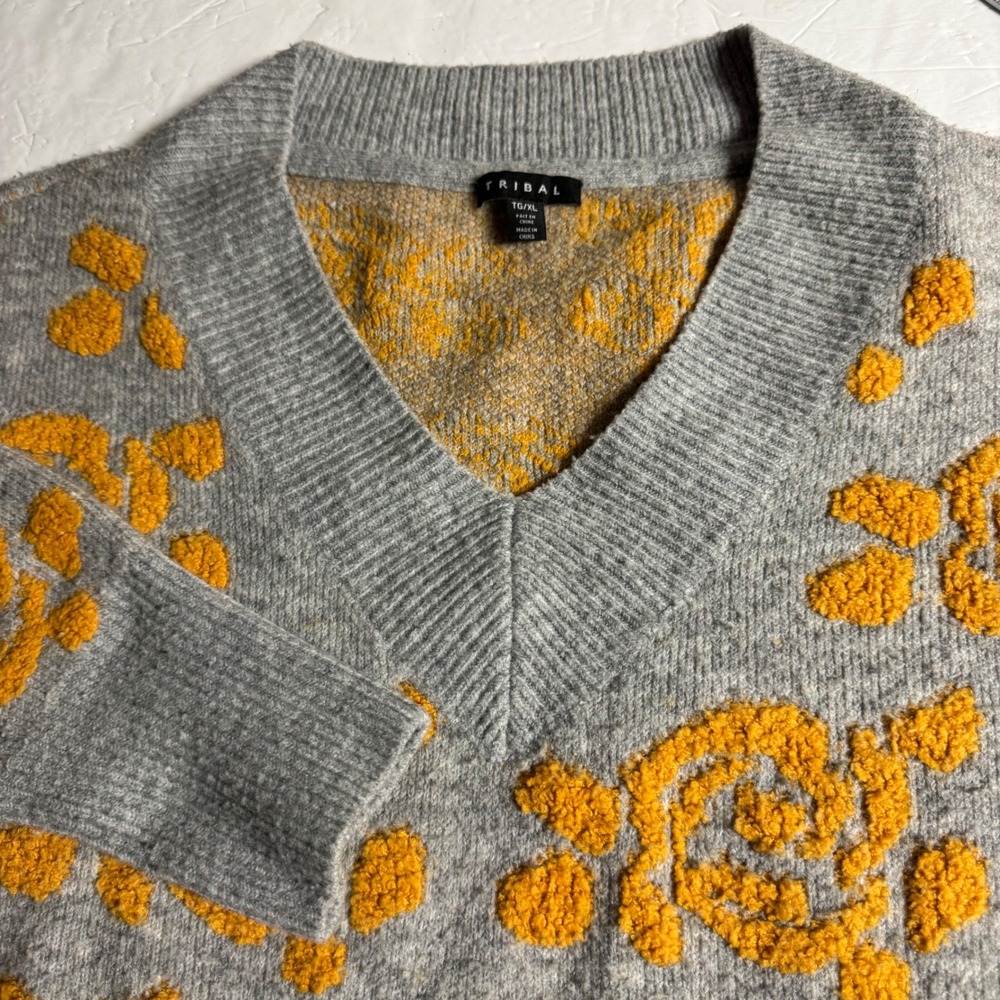 Tribal Womens Grey Mustard Yellow Floral Tufted V-Neck Sweater XL